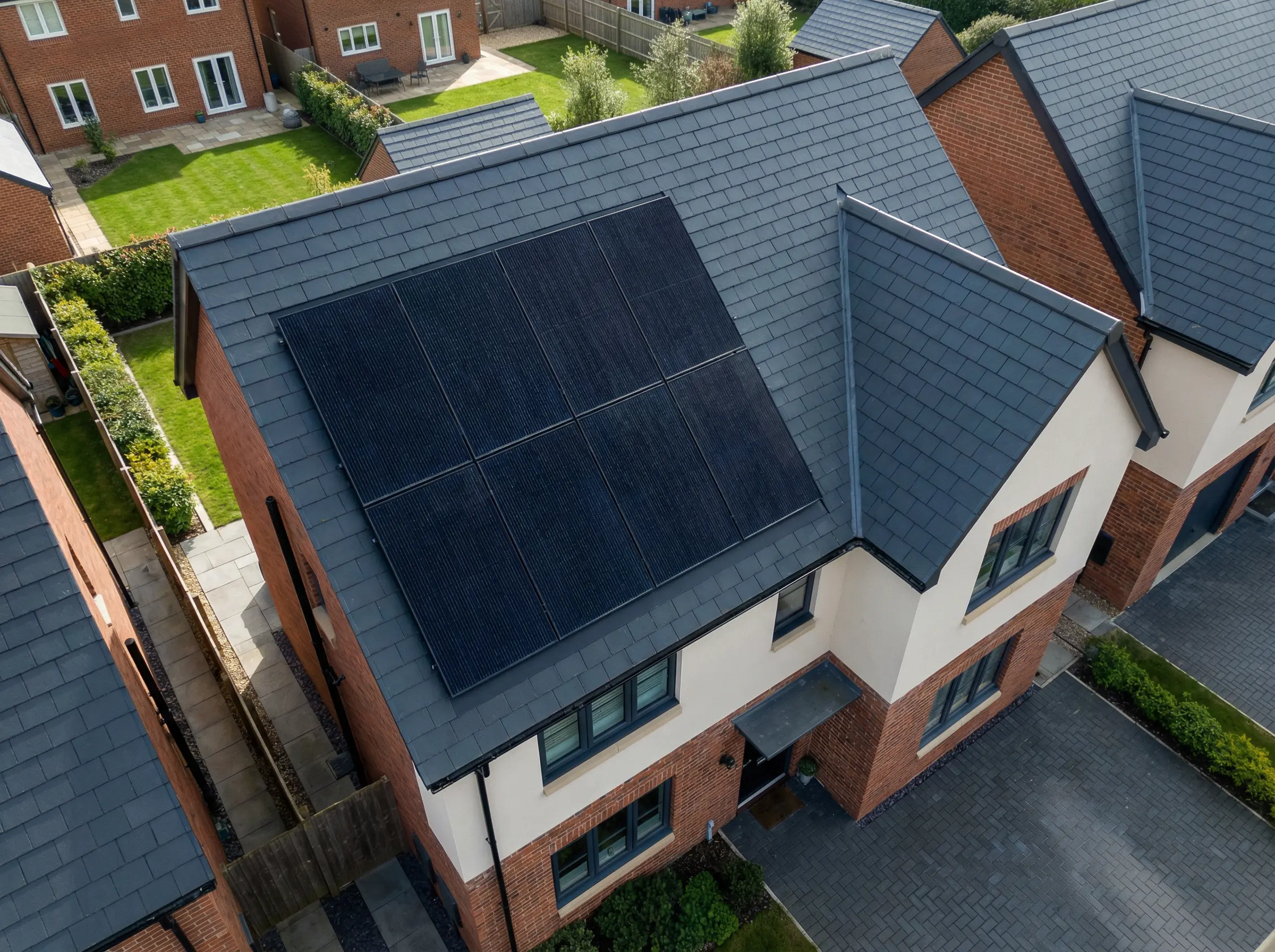 Aerial roof with all-black solar panel design overlay