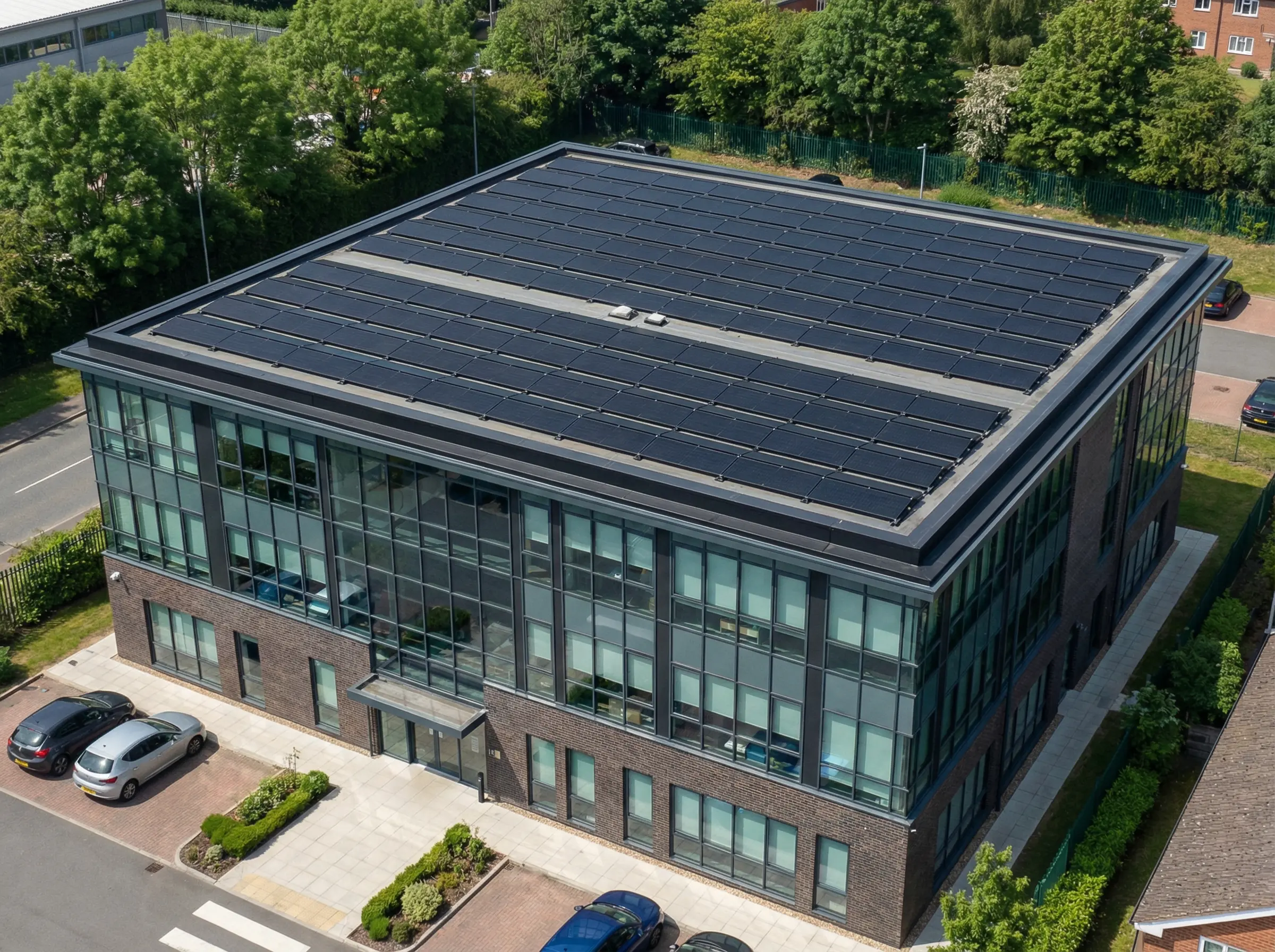 Modern glass office building with rooftop solar array