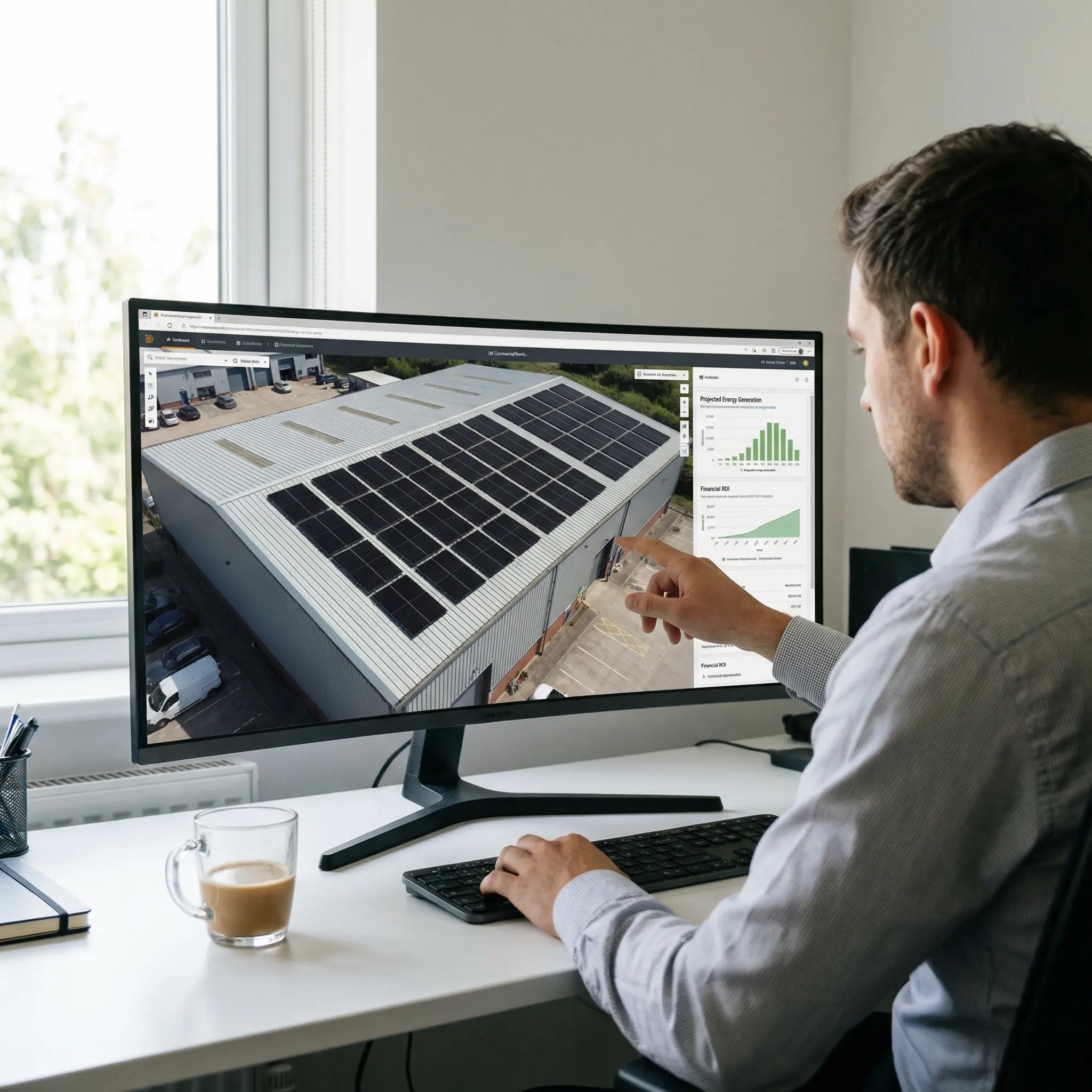 Aerial view of commercial roof with solar panel layout