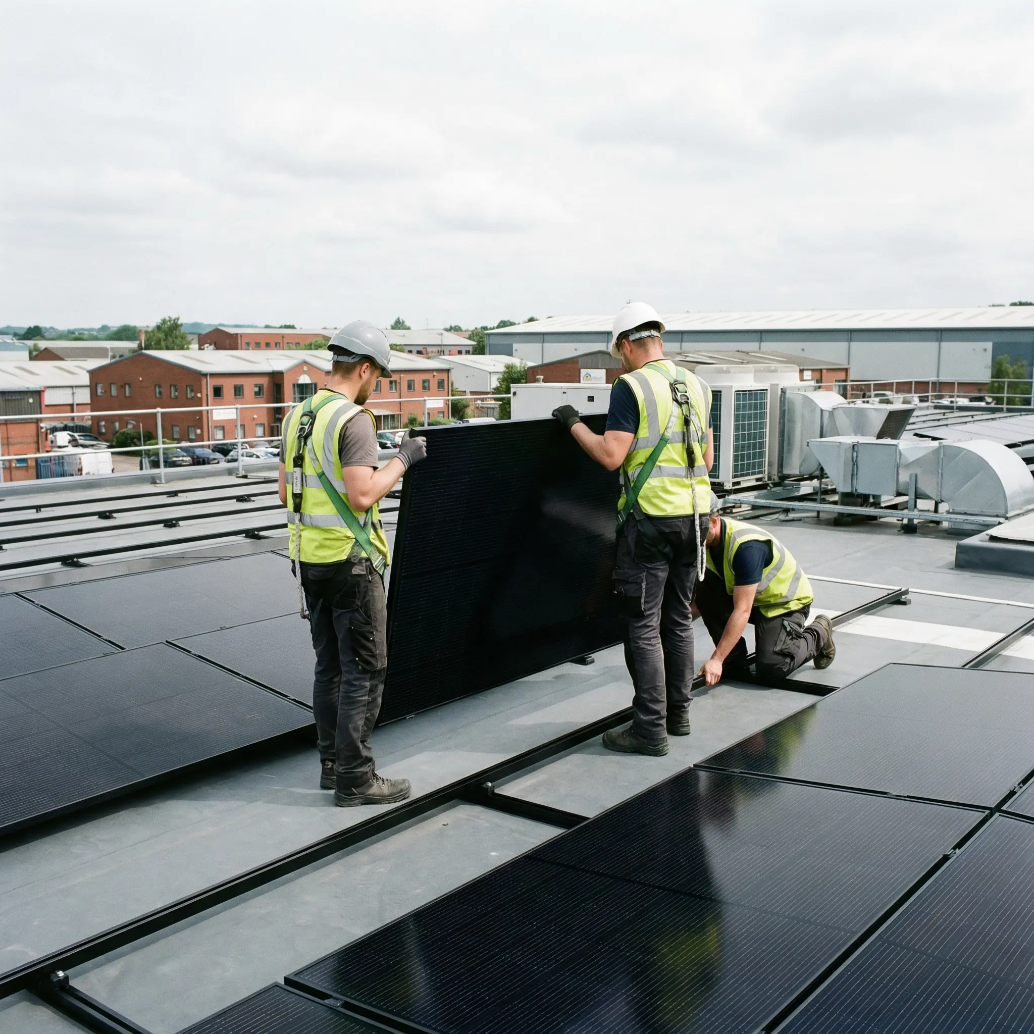 Installation team on commercial flat roof