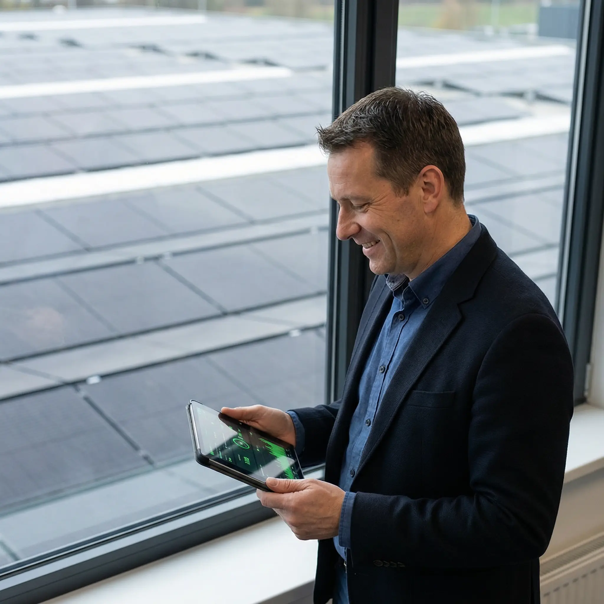 Business owner viewing energy monitoring dashboard