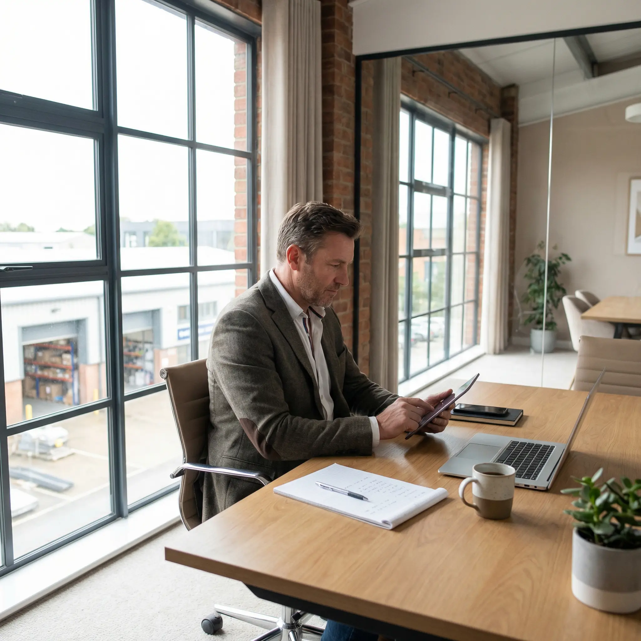 Interior of modern UK commercial building with business owner reviewing energy data