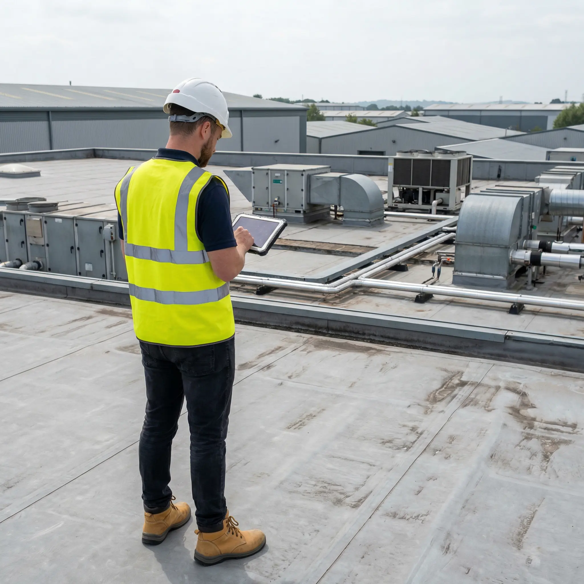 Commercial solar surveyor on flat warehouse roof