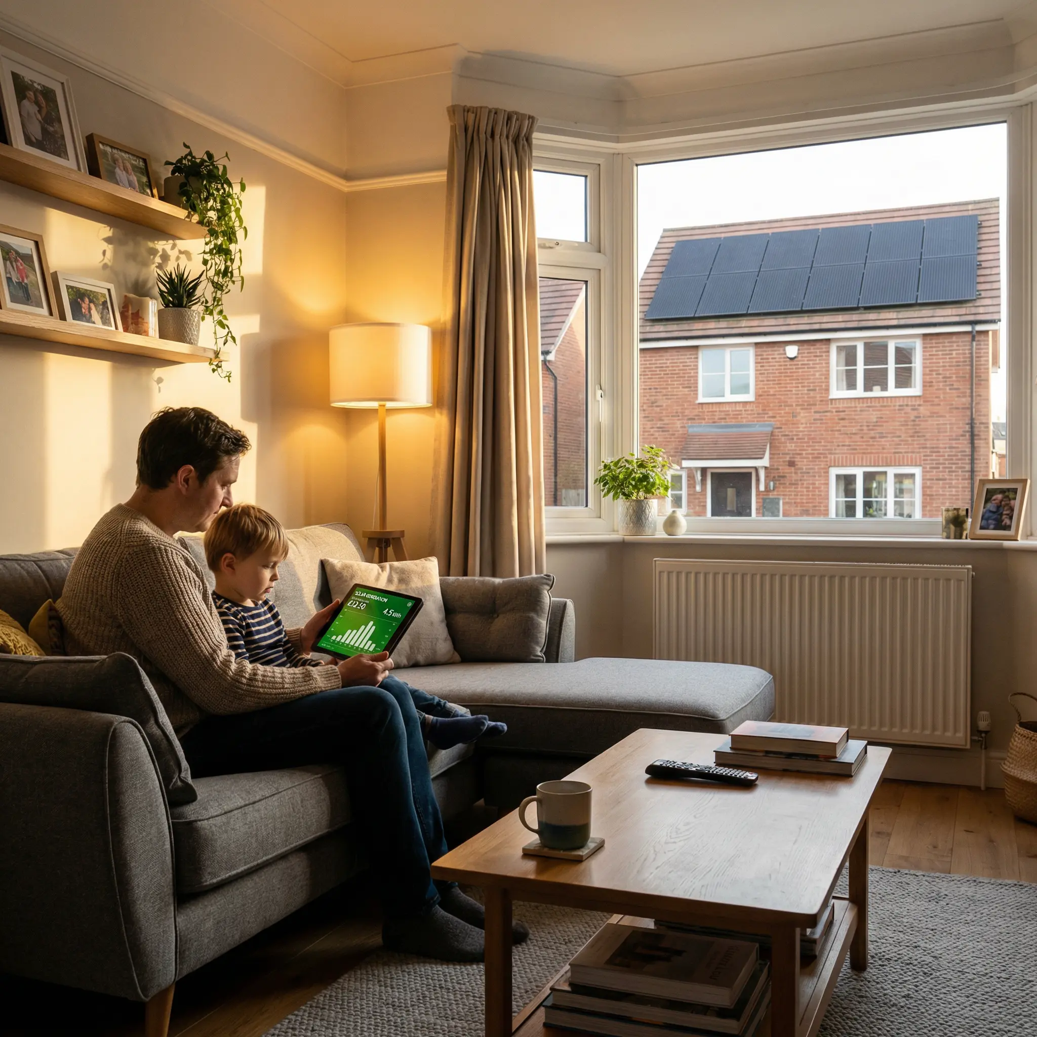 Family checking tablet showing energy app