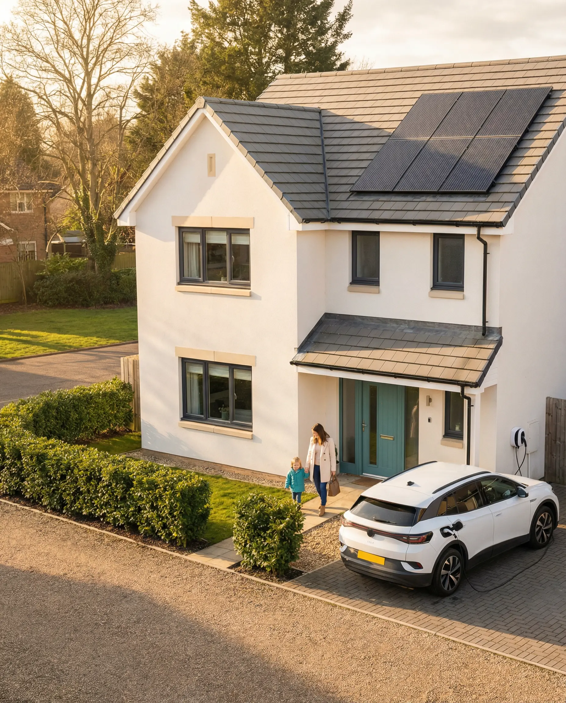 Modern British home with solar panels at golden hour