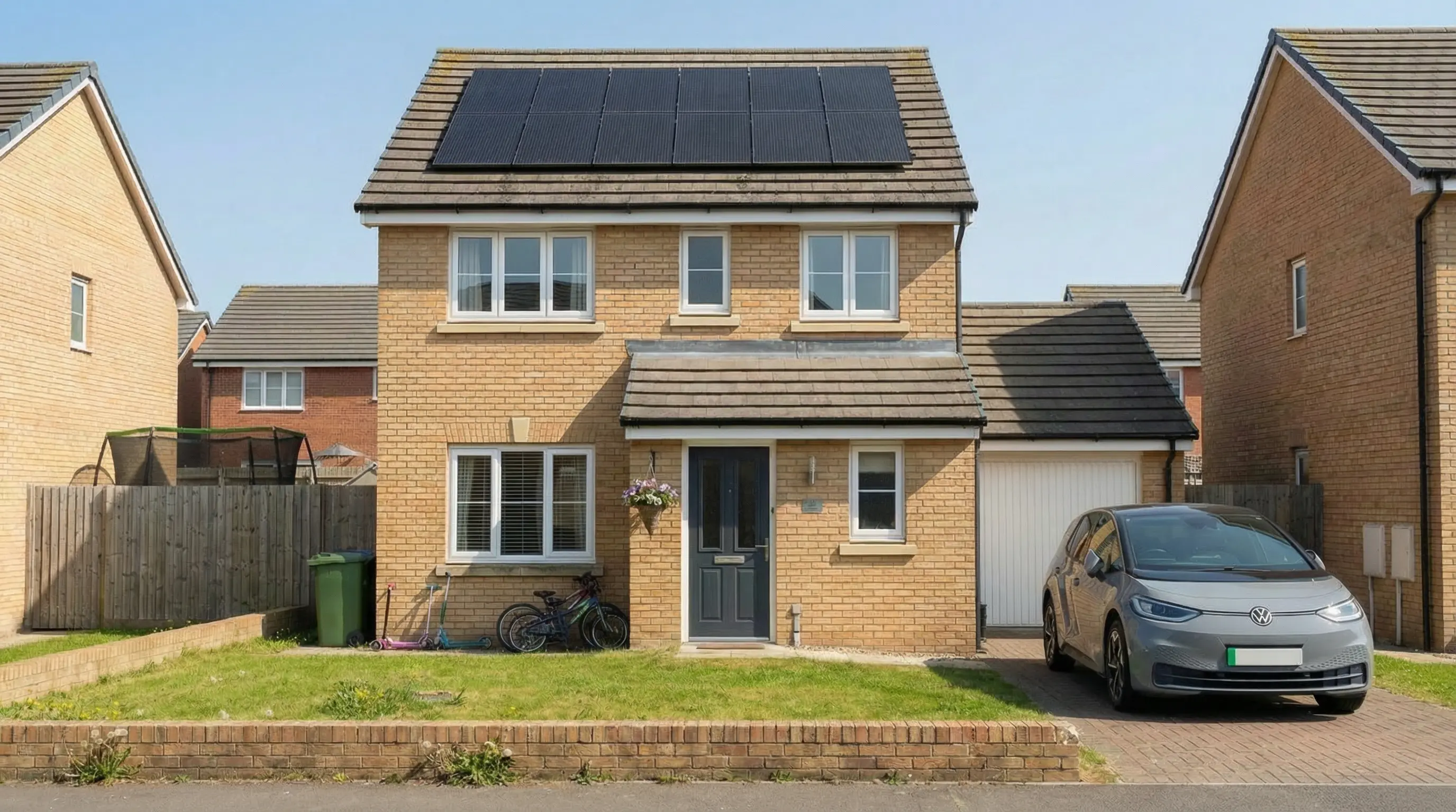 Modern family home with solar panels in bright daylight