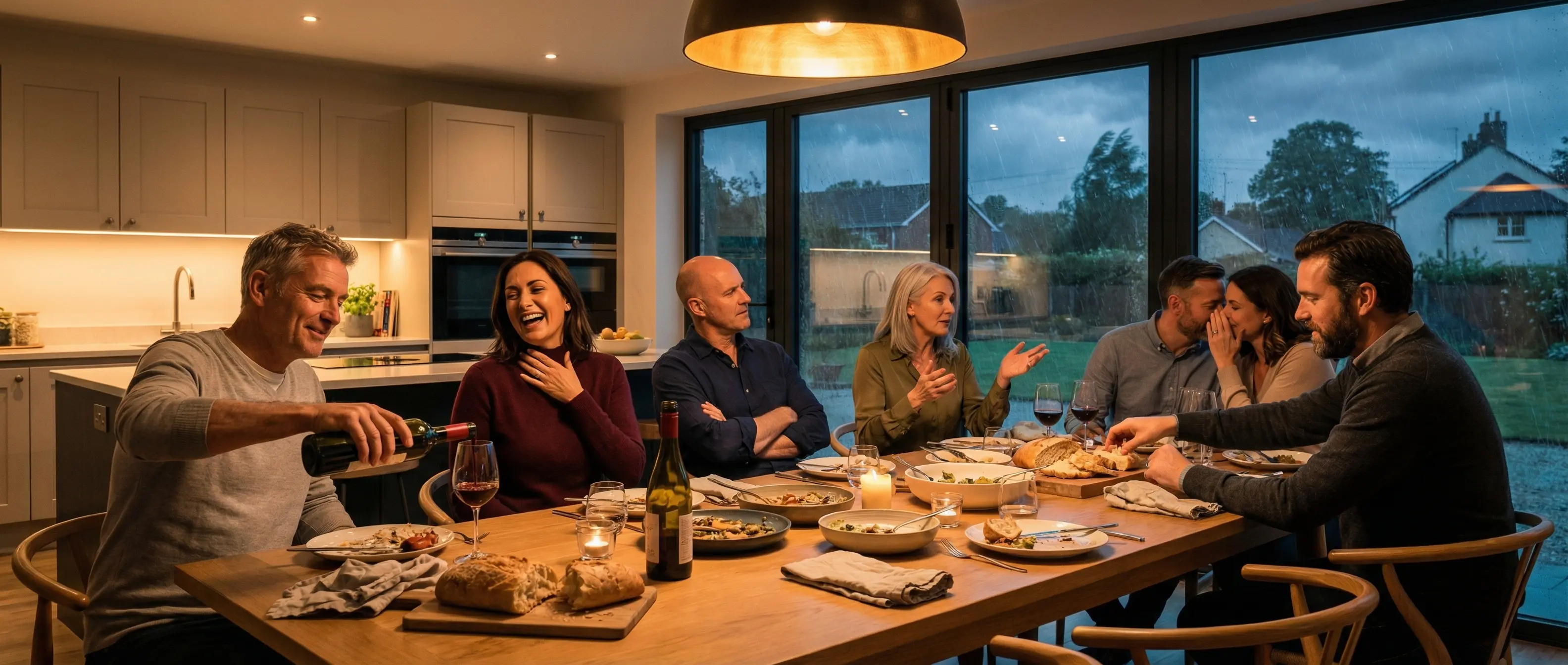 Evening dinner party with warm lighting, showcasing seamless energy independence