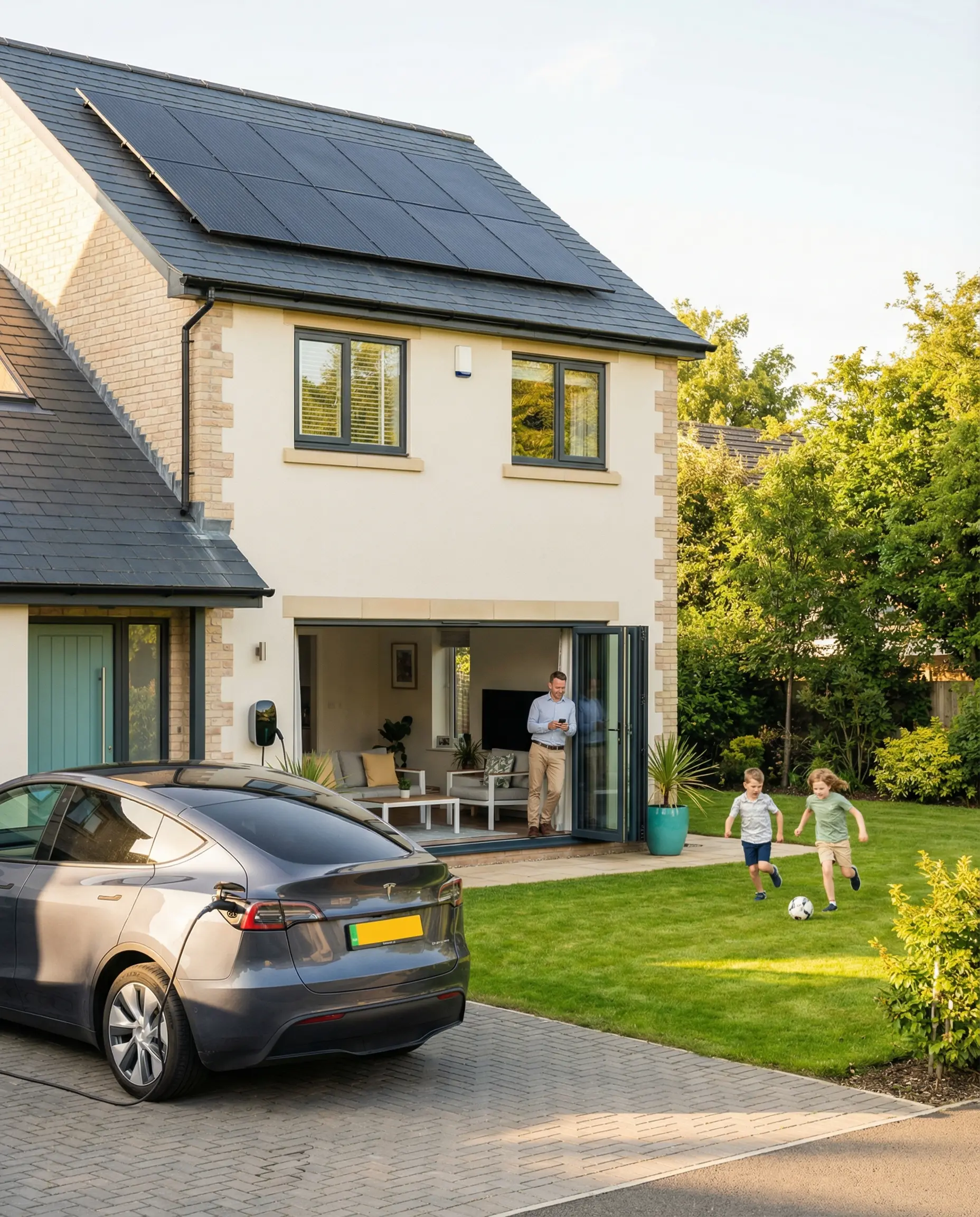 Modern family home with solar panels and EV charging