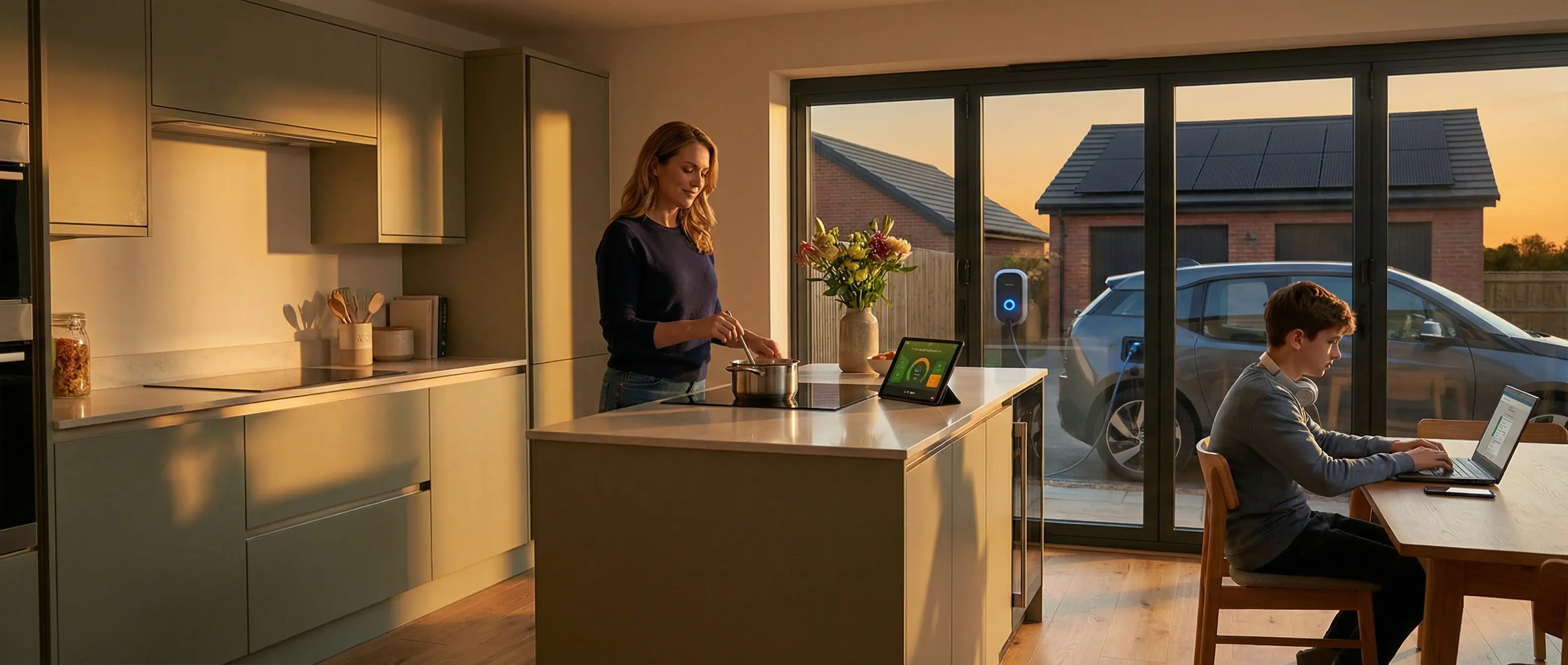 Family evening scene with solar-powered home