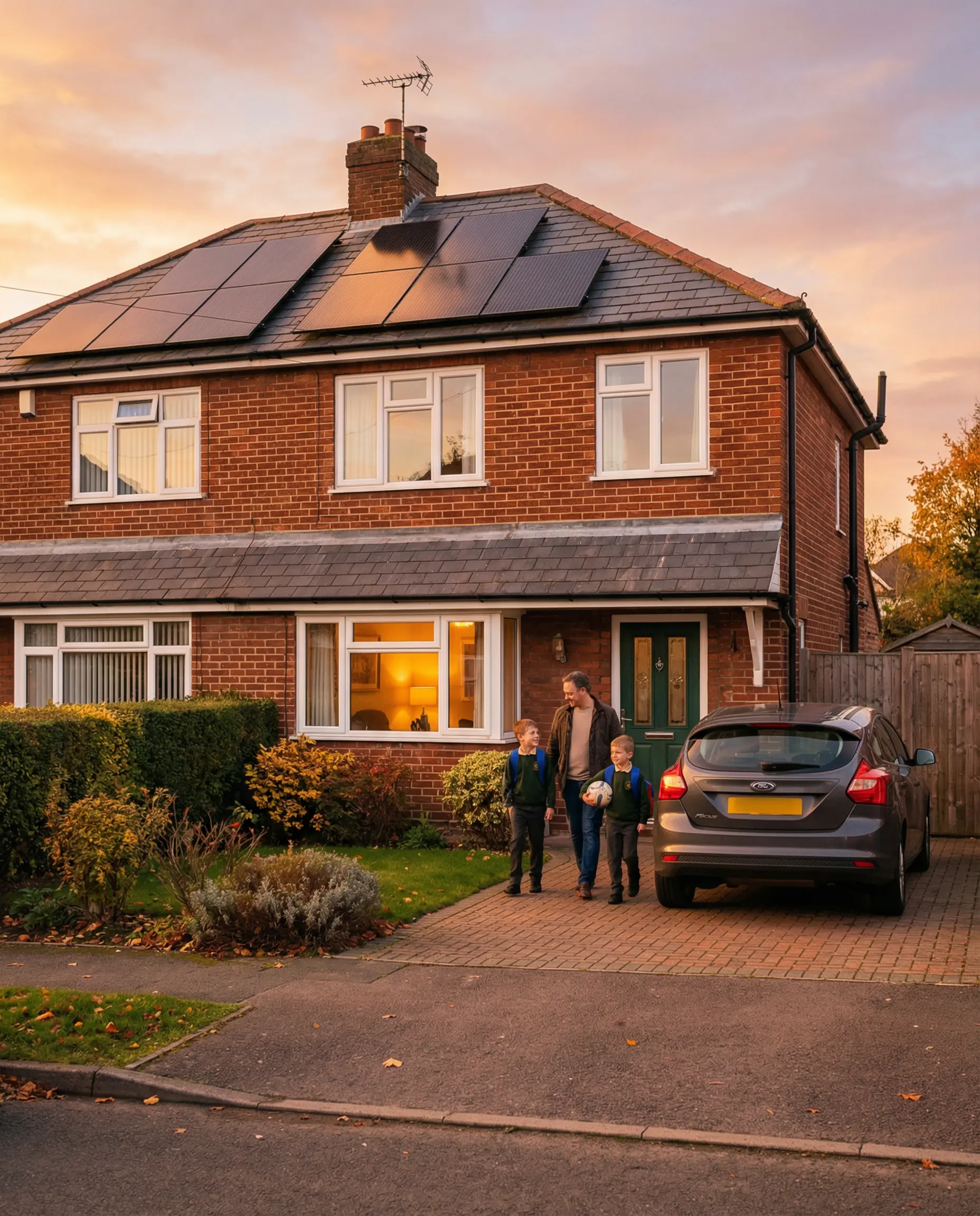 Sunny Yorkshire home with solar panels at golden hour