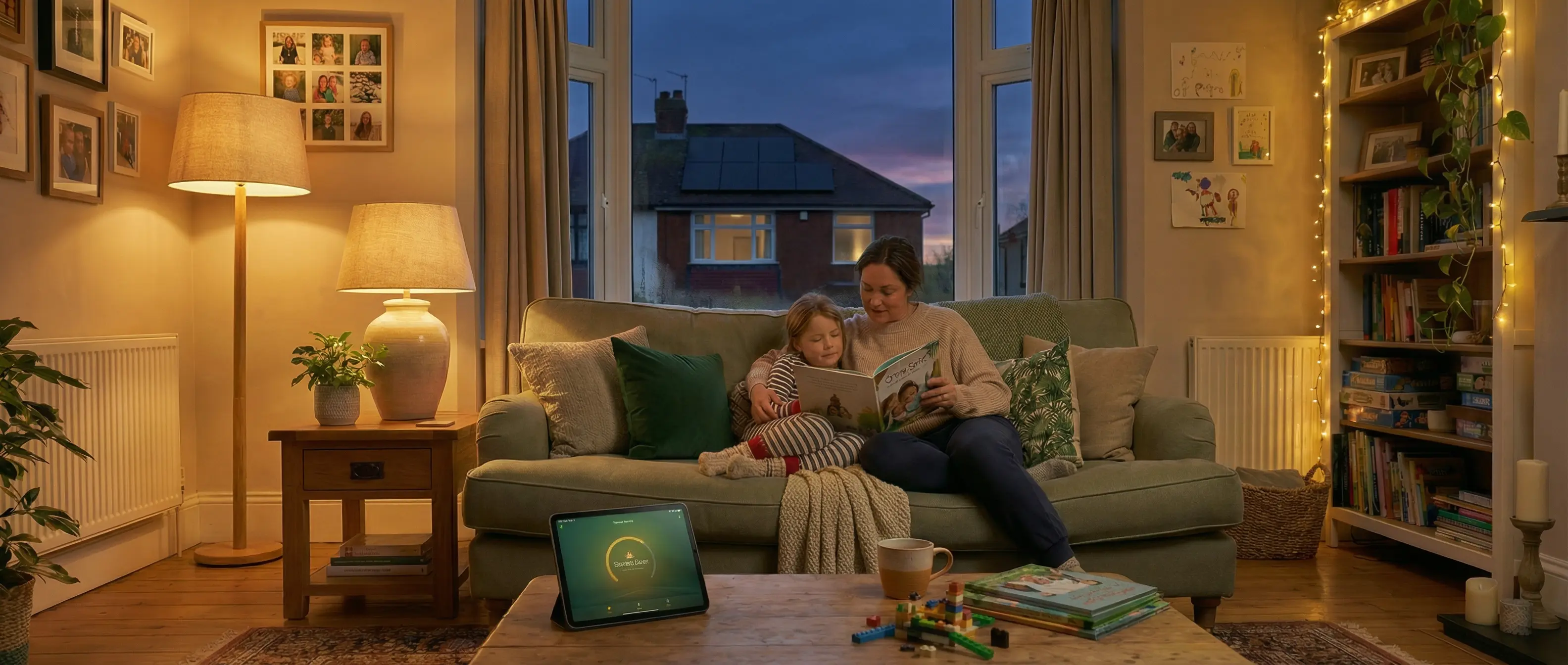 Family evening scene with warm lamplight and solar-powered home